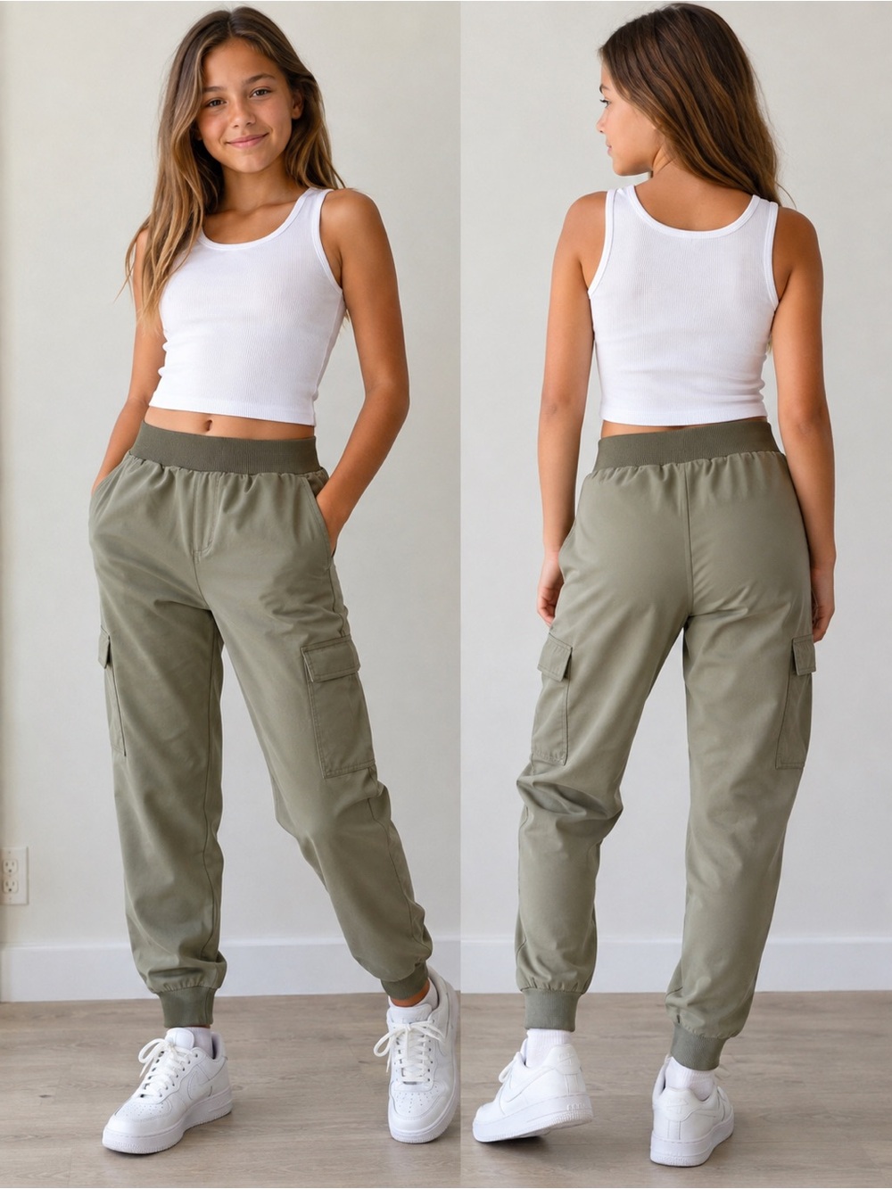 Kyodan Girls Size 14 Olive Green Gray Cargo Jogger Pants